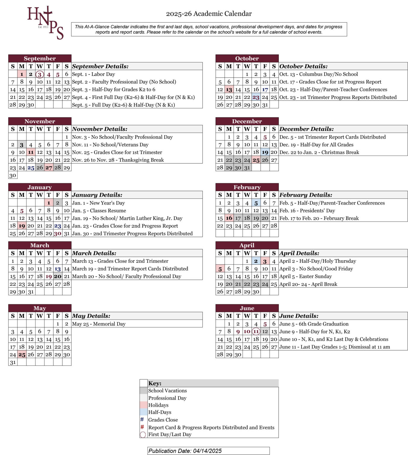 Calendars Holy Name Parish School